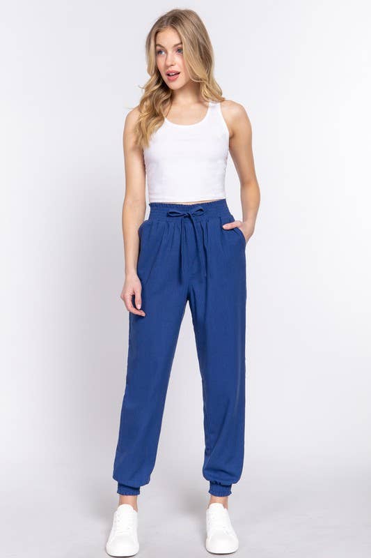 Smoked Waist Linen Jogger Pants: Blu-Blue