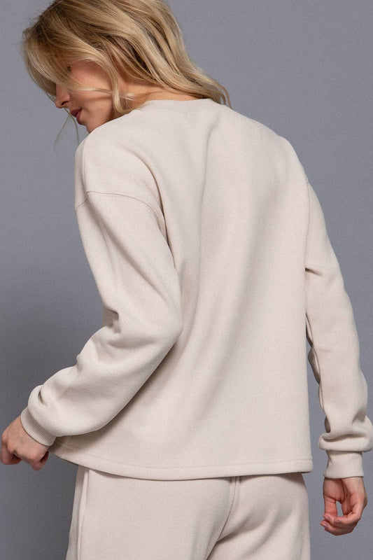 Long Sleeve Round Neck Soft Knit Top: TPE-beige / S